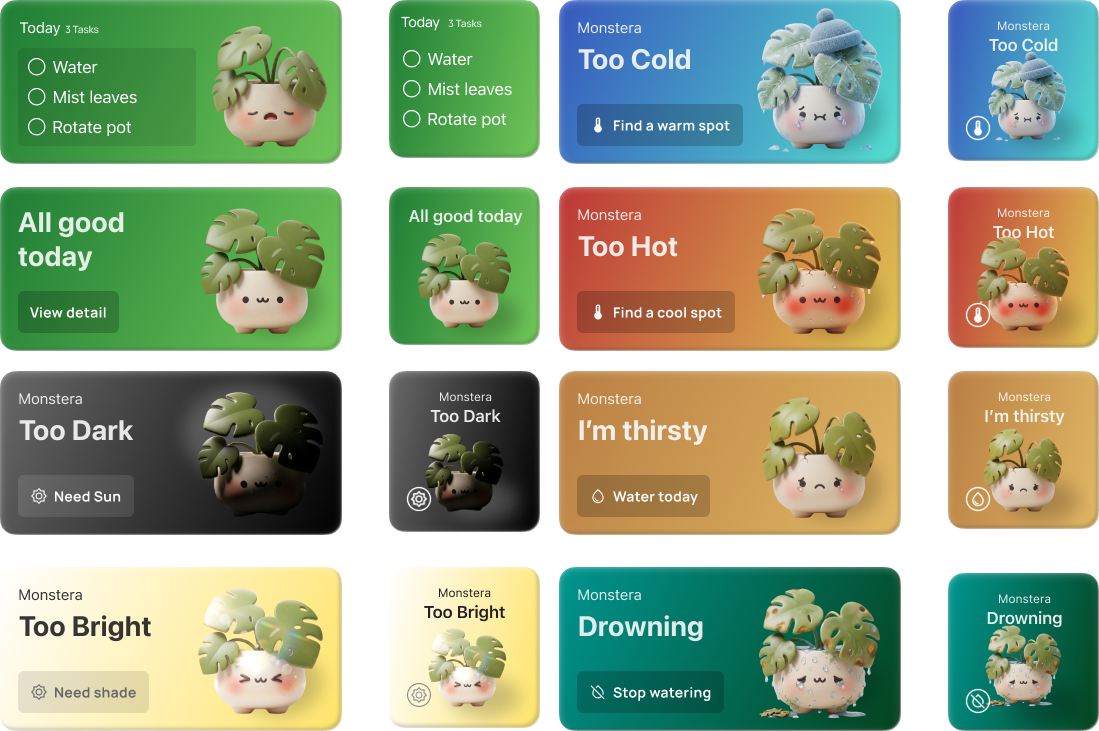 Leafy PlantPal widget system showing care, temperature, light, thirst, and watering states